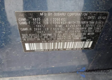 2021 Subaru Outback Limited z USA, uszkodzony, nr VIN 4S4BTAMC1M3108623